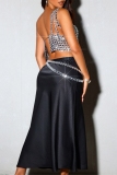 Silver Hot Drill Sleeveless Backless Oblique Collar See-Through Night Club Cami Crop Tops