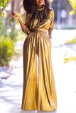 Gold Half A Turtleneck Half Sleeve Formal Evening Party Prom Wide Leg Jumpsuits