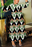 Army Green Graphics Print O Neck 3/4 Sleeve Buttons Ruffle Hem Vacation Casual Maxi Dresses
