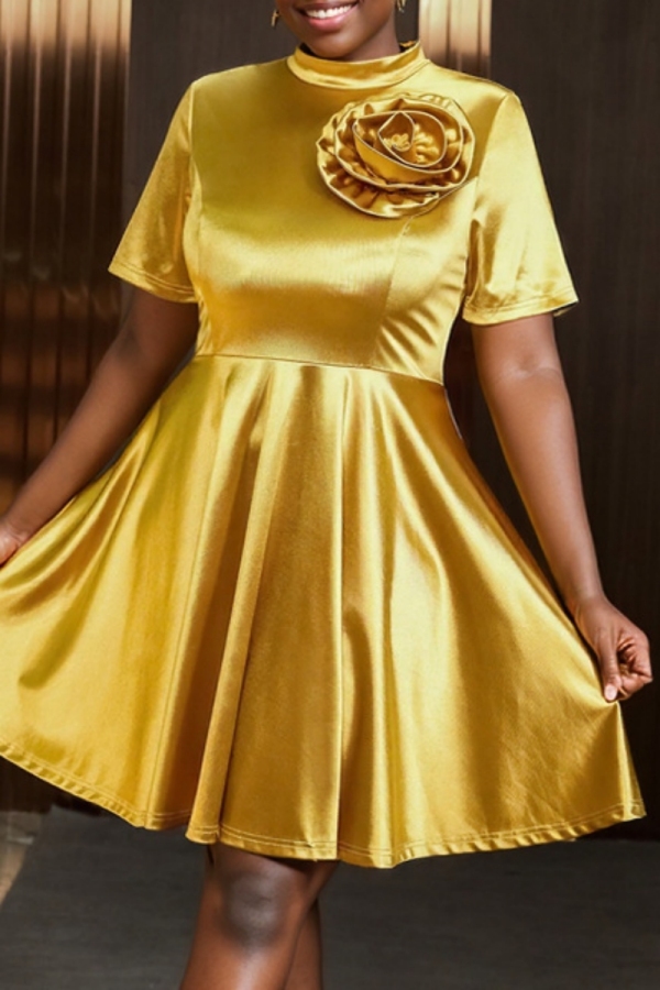 Gold 3D Flowers Half A Turtleneck Short SleeveFormal Evening Party Prom Wedding Guest A Line Plus Size Pleated Midi Dresses