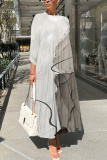 Earthy Yellow Graphics Print Button Collar 3/4 Sleeve Ruffle Hem Loose Vacation Casual Pleated Maxi Dresses