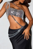 Silver Hot Drill Sleeveless Backless Oblique Collar See-Through Night Club Cami Crop Tops