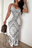 White Graphics Print Backless Sleeveless Spaghetti Strap Floor Length Long Baggy Vacation Maxi Slip Dresses