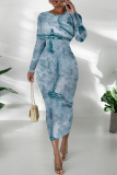 Teal Distressed Faux Denim Print O Neck Long Sleeve Casual Outing Distressed Bodycon Pencil Maxi Dress