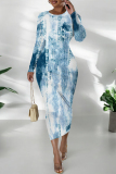 Teal Distressed Faux Denim Print O Neck Long Sleeve Casual Outing Distressed Bodycon Pencil Maxi Dress