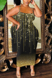 Black Graphics Print Sleeveless Backless Spaghetti Strap Casual Bodycon Shimmer Maxi Slip Dresses
