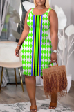 Multicolor Plaid Print Sleeveless U Neck Casual Outing Plus Size Bodycon Midi Vest Dresses