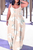 Dark Green Graphics Print Backless Spaghetti Strap Sleeveless Vacation Loose Long Maxi Slip Dresses