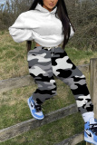 Grey Camouflage Print Hooded Long Sleeve Sweatshirt And Sweatpants Fall Winter Sportwear Two Pieces Sweatsuits Sets