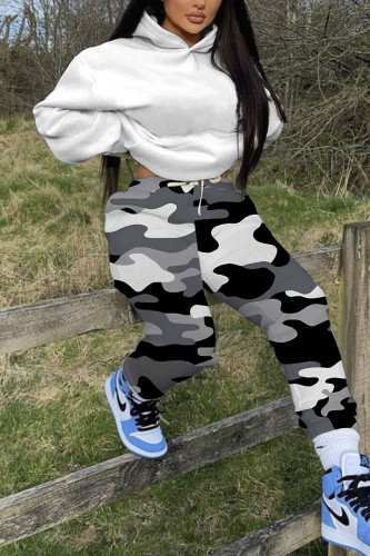 Grey Camouflage Print Hooded Long Sleeve Sweatshirt And Sweatpants Fall Winter Sportwear Two Pieces Sweatsuits Sets