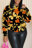 Black Orange Graphics Print O Neck Long Sleeve Fall Winter Casual Sweatshirt Tops