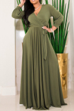 Casual Solid Color Belted V Neck Long Dresses