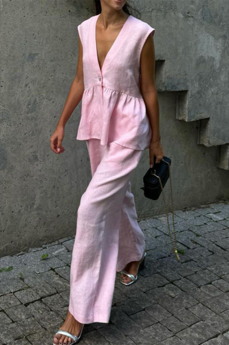 Pink V Neck Sleeveless Buttons Vest And Wide Leg Pants Vacation Casual Two Pieces Trouser Sets