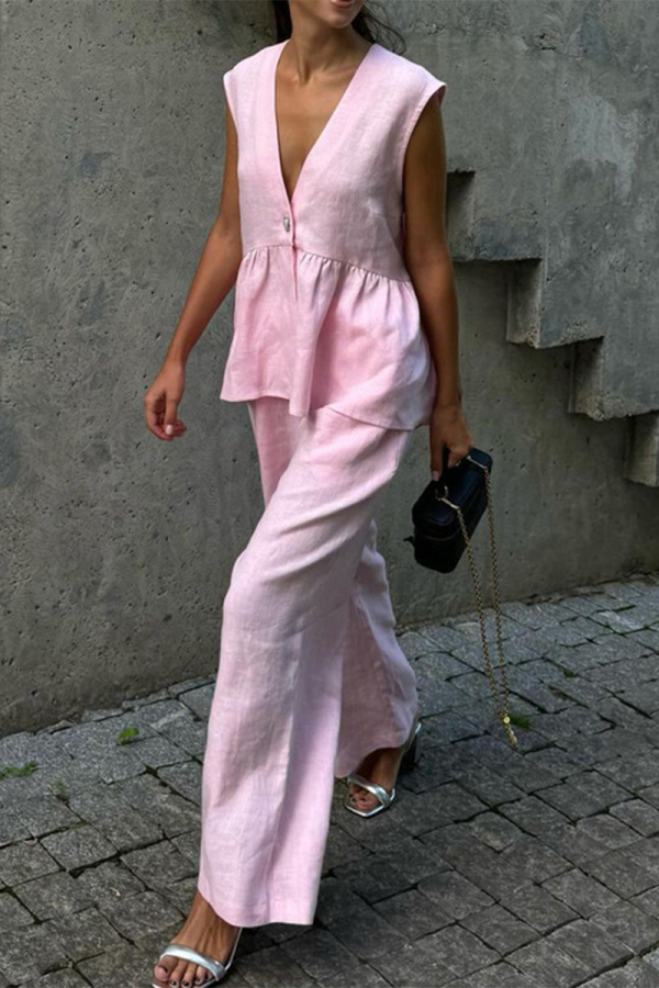 Pink V Neck Sleeveless Buttons Vest And Wide Leg Pants Vacation Casual Two Pieces Trouser Sets