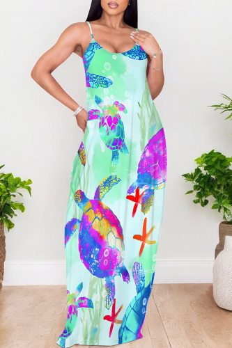 Light Green Cartoon Graffiti Print V Neck Backless Pocket Floor Length Vacation Baggy Sundress Slip Maxi Dress