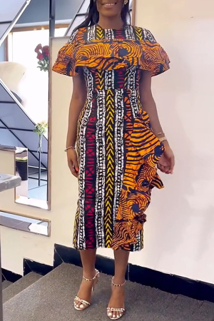 Multicolor African Graphics Print Short Sleeve O Neck Slit Casual Vacation Bodycon Maxi Dresses