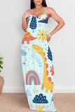 Light Green Cartoon Graffiti Print V Neck Backless Pocket Floor Length Vacation Baggy Sundress Slip Maxi Dress