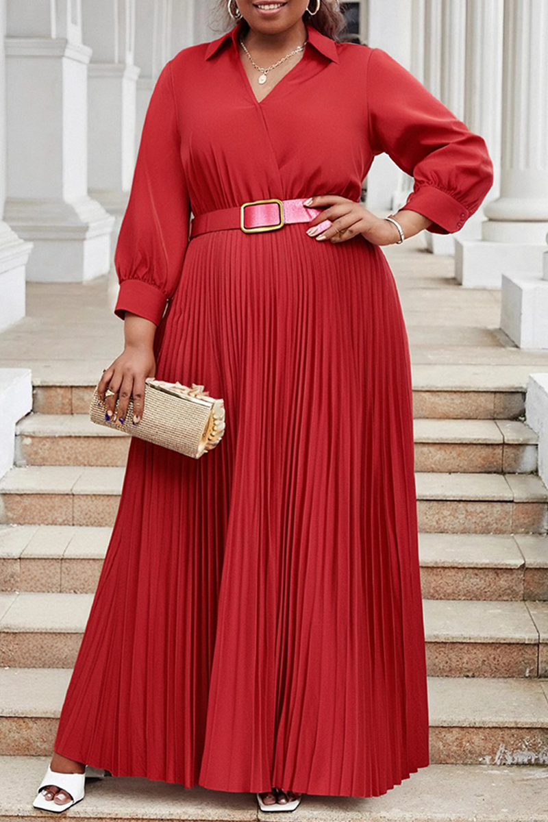 Pleated V-Neck Long Sleeve Maxi Dress With Belt Slate BlueDusty Blue