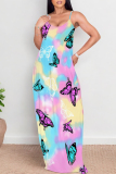 Light Green Cartoon Graffiti Print V Neck Backless Pocket Floor Length Vacation Baggy Sundress Slip Maxi Dress