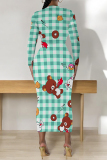 Camel Flowers Plaid Cartoon Print O Neck Long Sleeve Long Casual Outing Bodycon Maxi Dress