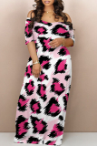 Grey Leopard Print Pocket V Neck Short Sleeve Plus Size Loose Straight Maxi Dresses