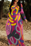 Yellow Green Geometric Print V Neck Long Sleeve Loose Casual Outing Vacation Flowying Maxi Dress