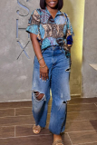 Blue Casual High Waist Distressed Ripped Wide Leg Denim Jeans