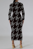 Orange Black Geometric Print O Neck Long Sleeve Long Casual Outing Bodycon Maxi Dress