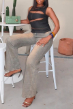 Blue High Waist Pockets Casual Ditressed Denim Jeans