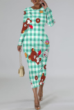 Camel Flowers Plaid Cartoon Print O Neck Long Sleeve Long Casual Outing Bodycon Maxi Dress