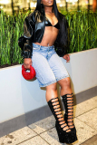 Light Blue Mid Waist Casual Distressed Denim Shorts