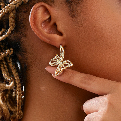 Glod Casual Metal Butterfly Row Dazzling Diamond Rhinestone Decor Earrings