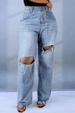 Blue High Waist Ripped Straight Casual Distressed Denim Jeans (Without  Waist Chain)