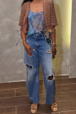 Blue Casual High Waist Distressed Ripped Wide Leg Denim Jeans