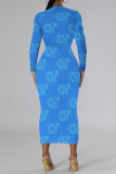 Orange Black Geometric Print O Neck Long Sleeve Long Casual Outing Bodycon Maxi Dress