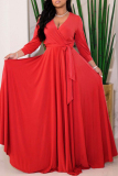 Casual Solid Color Belted V Neck Long Dresses