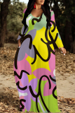 Yellow Green Geometric Print V Neck Long Sleeve Loose Casual Outing Vacation Flowying Maxi Dress