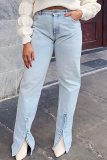 Light Blue Slit High Waist Casual Distressed Denim Jeans