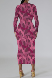 Orange Black Geometric Print O Neck Long Sleeve Long Casual Outing Bodycon Maxi Dress