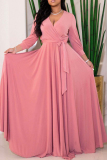 Casual Solid Color Belted V Neck Long Dresses