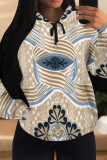 Purple Flowers Heart Shaped Geometric Print Draw String Pocket Loose Fall Winter Casual Hooded Sweatshirt