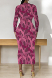 Orange Black Geometric Print O Neck Long Sleeve Long Casual Outing Bodycon Maxi Dress