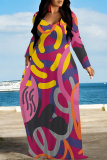Yellow Green Geometric Print V Neck Long Sleeve Loose Casual Outing Vacation Flowying Maxi Dress