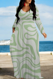 Yellow Green Geometric Print V Neck Long Sleeve Loose Casual Outing Vacation Flowying Maxi Dress