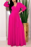 Casual Solid Color Belted V Neck Long Dresses