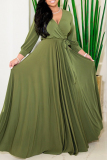 Casual Solid Color Belted V Neck Long Dresses