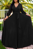 Casual Solid Color Belted V Neck Long Dresses