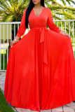 Casual Solid Color Belted V Neck Long Dresses