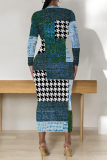 Camel Flowers Plaid Cartoon Print O Neck Long Sleeve Long Casual Outing Bodycon Maxi Dress