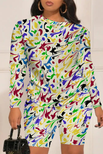 Multicolor Graphics Print O Neck Long Sleeve Tops And Shorts Casual Two Pieces Shorts Sets
